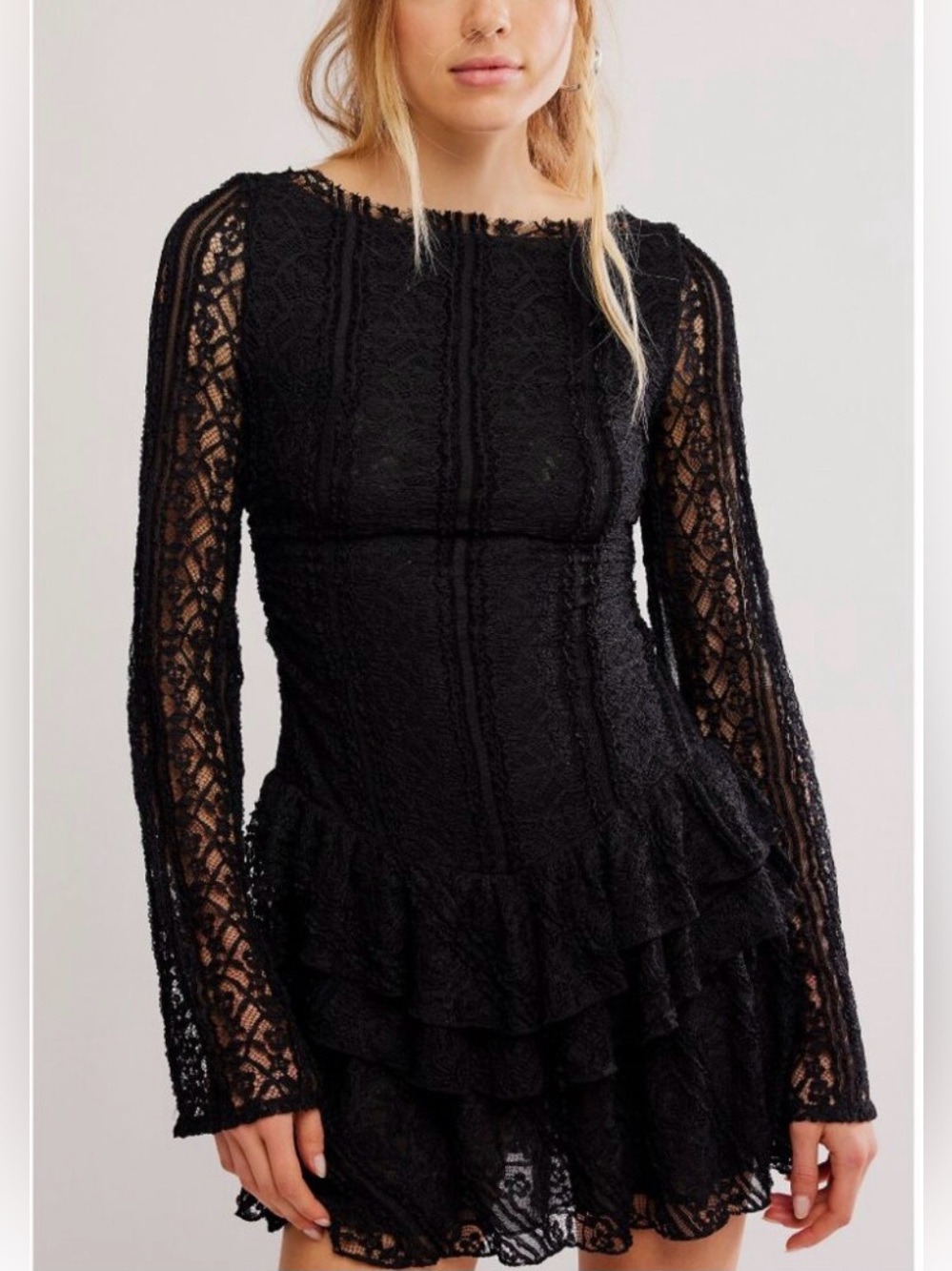 Free People Tabby Lace Long-Sleeve Ruffle Mini Dress #457